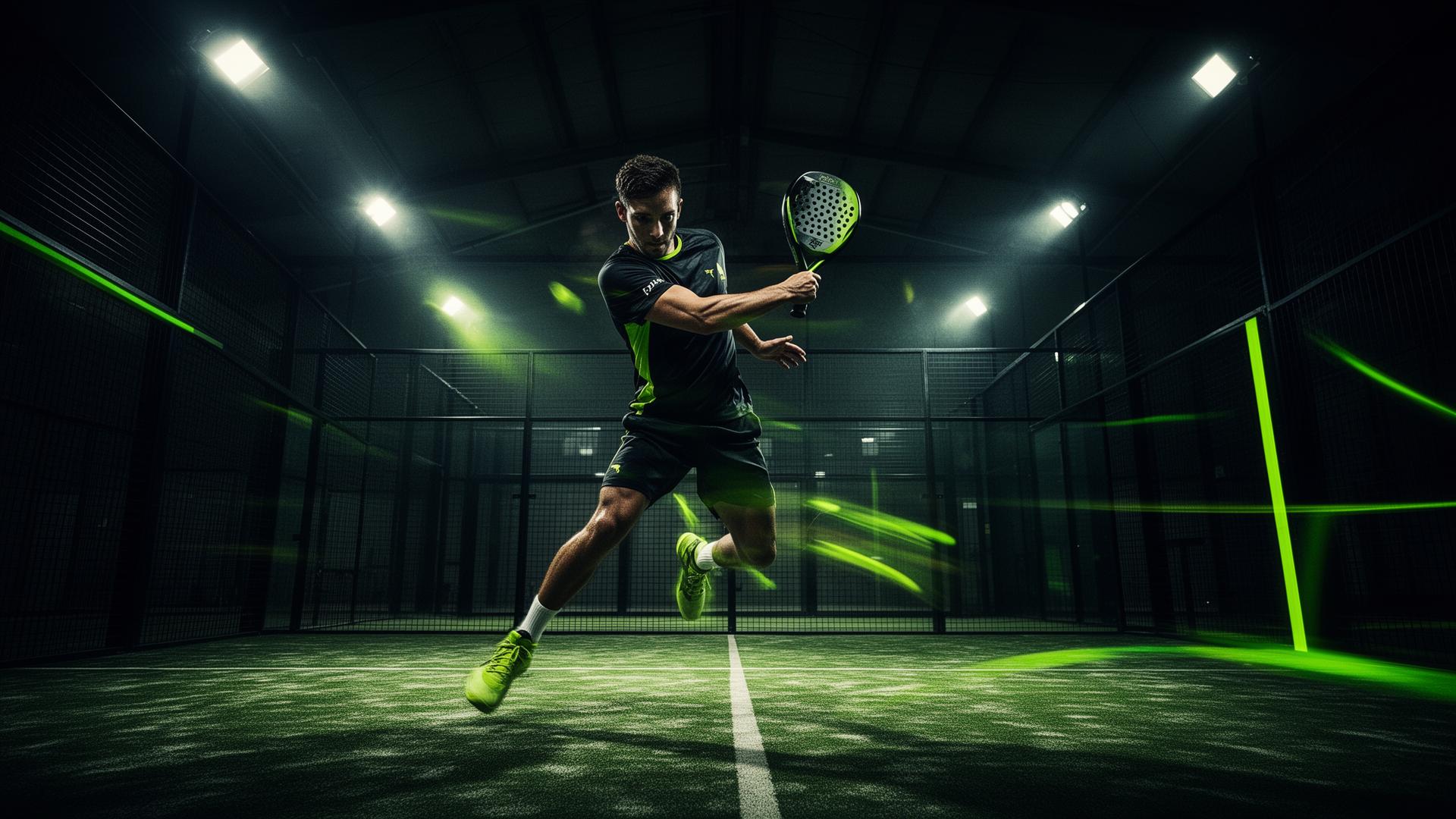 Padel player mid-swing under stadium lights
